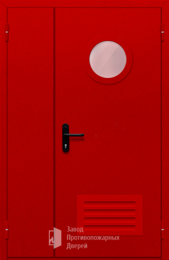 Фото двери «Полуторная с круглым стеклом и решеткой (красная)» в Лобне